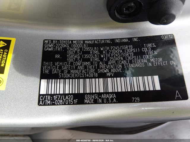 Auction sale of the 2012 Toyota Highlander Limited V6, vin: 5TDDK3EH7CS140818, lot number: 45300760