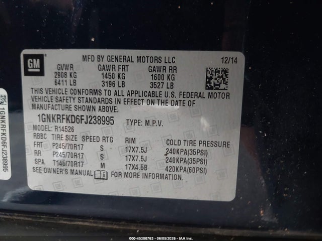 Aukcja sprzedaży 2015 Chevrolet Traverse Ls, vin: 1GNKRFKD6FJ238995, numer aukcji: 45300763