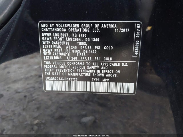1V2GR2CAXJC542726 Volkswagen Atlas 3.6l V6 S