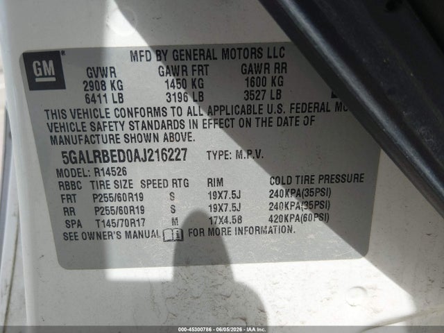 Aukcja sprzedaży 2010 Buick Enclave 1xl, vin: 5GALRBED0AJ216227, numer aukcji: 45300786