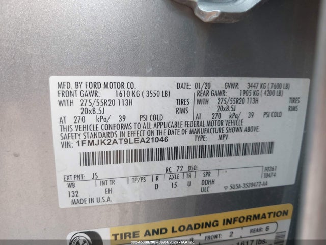2020 Ford Expedition Limited Max მანქანა იყიდება აუქციონზე, vin: 1FMJK2AT9LEA21046, აუქციონის ნომერი: 45300798