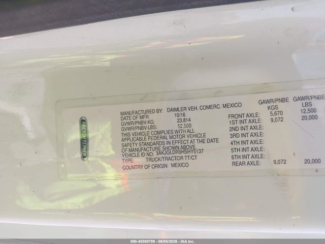 45300799 :رقم المزاد ، 3AKJGLDR9HSHY5137 vin ، 2017 Freightliner Cascadia 125 مزاد بيع