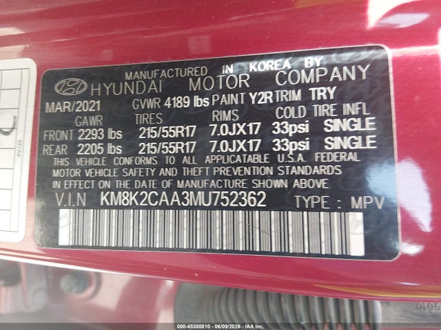 Продажа на аукционе авто 2021 Hyundai Kona Sel, vin: KM8K2CAA3MU752362, номер лота: 45300810