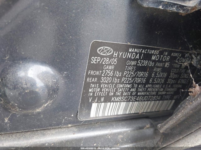 Aukcja sprzedaży 2006 Hyundai Santa Fe Gls/limited, vin: KM8SC73E46U072834, numer aukcji: 45300819