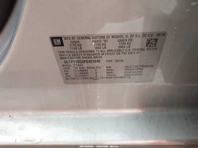 Продаж на аукціоні авто 2015 Gmc Sierra 1500 Slt, vin: 3GTP1VEC2FG431648, номер лоту: 45300821