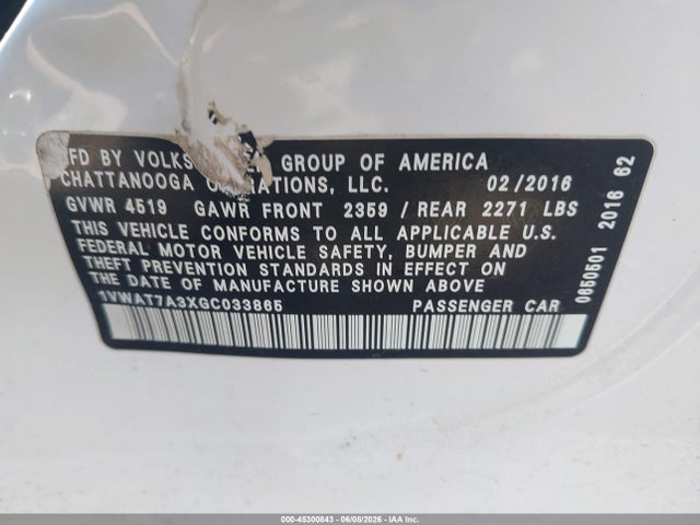 Продажа на аукционе авто 2016 Volkswagen Passat 1.8t S, vin: 1VWAT7A3XGC033865, номер лота: 45300843