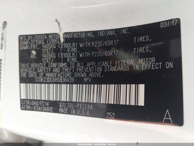 Aukcja sprzedaży 2017 Toyota Sienna Le 8 Passenger, vin: 5TDKZ3DC6HS836439, numer aukcji: 45300882