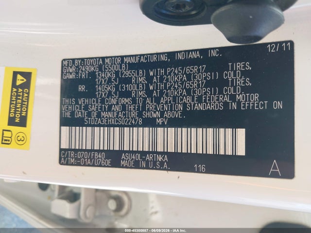 2012 Toyota Highlander მანქანა იყიდება აუქციონზე, vin: 5TDZA3EHXCS022478, აუქციონის ნომერი: 45300887