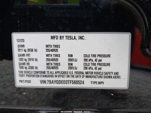 45300889 :رقم المزاد ، 7SAYGDEE0TF560524 vin ، 2026 Tesla Model Y All-wheel Drive/long Range Launch Series/premium All-wheel Drive مزاد بيع