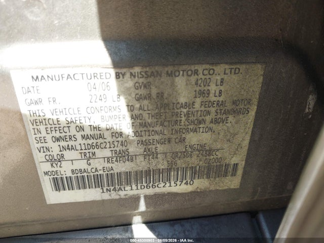 45300903 :رقم المزاد ، 1N4AL11D66C215740 vin ، 2006 Nissan Altima 2.5 S مزاد بيع
