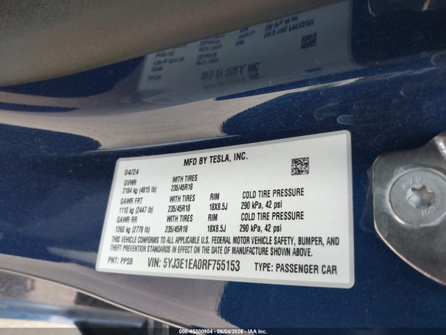 2024 Tesla Model 3 Rear-wheel Drive მანქანა იყიდება აუქციონზე, vin: 5YJ3E1EA0RF755153, აუქციონის ნომერი: 45300904