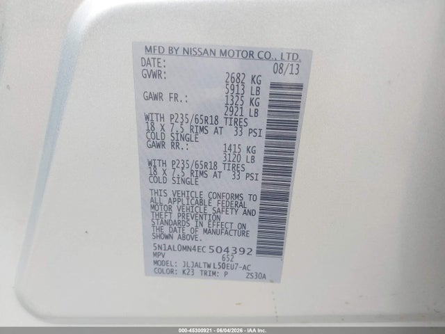 Aukcja sprzedaży 2014 Infiniti Qx60, vin: 5N1AL0MN4EC504392, numer aukcji: 45300921