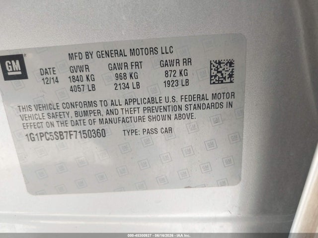 Продажа на аукционе авто 2015 Chevrolet Cruze 1lt Auto, vin: 1G1PC5SB7F7150360, номер лота: 45300927