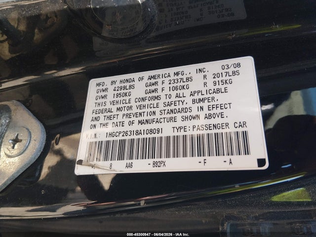Продаж на аукціоні авто 2008 Honda Accord 2.4 Lx, vin: 1HGCP26318A108091, номер лоту: 45300947