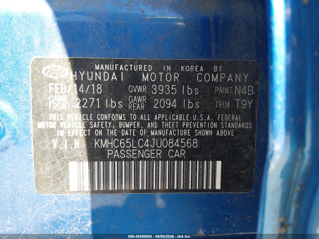 45300955 :رقم المزاد ، KMHC65LC4JU084568 vin ، 2018 Hyundai Ioniq Hybrid Blue مزاد بيع