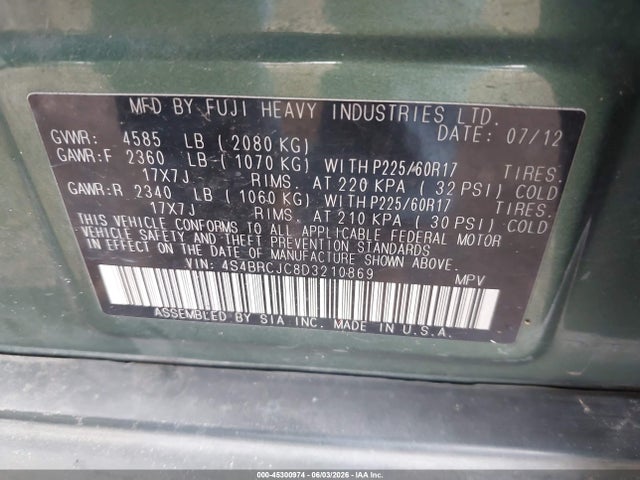 Aukcja sprzedaży 2013 Subaru Outback 2.5i Limited, vin: 4S4BRCJC8D3210869, numer aukcji: 45300974