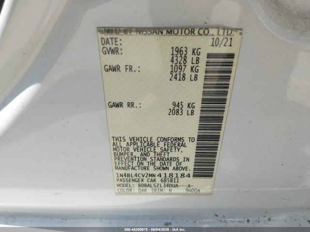 1N4BL4CV2MN418184 Nissan Altima Sr Fwd