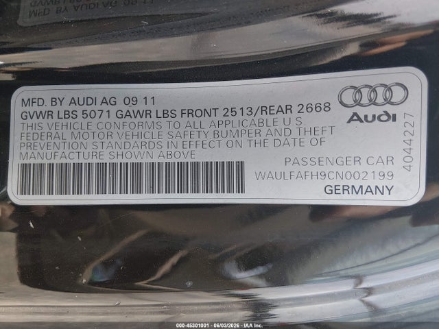 Aukcja sprzedaży 2012 Audi A5 2.0t Premium, vin: WAULFAFH9CN002199, numer aukcji: 45301001
