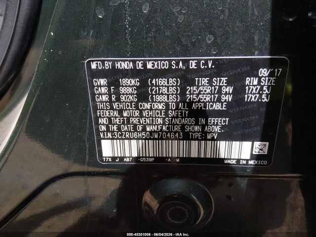 Продажа на аукционе авто 2018 Honda Hr-v Ex, vin: 3CZRU6H50JM704643, номер лота: 45301006
