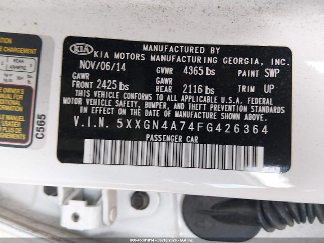 45301014 :رقم المزاد ، 5XXGN4A74FG426364 vin ، 2015 Kia Optima Ex مزاد بيع