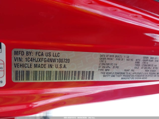 Продажа на аукционе авто 2022 Jeep Wrangler Unlimited Rubicon 4x4, vin: 1C4HJXFG4NW100720, номер лота: 45301015