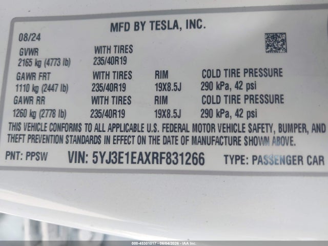 Aukcja sprzedaży 2024 Tesla Model 3, vin: 5YJ3E1EAXRF831266, numer aukcji: 45301017