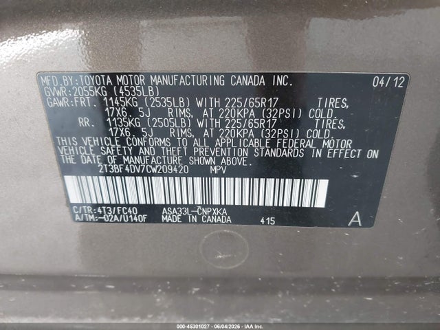 Продажа на аукционе авто 2012 Toyota Rav4, vin: 2T3BF4DV7CW209420, номер лота: 45301027