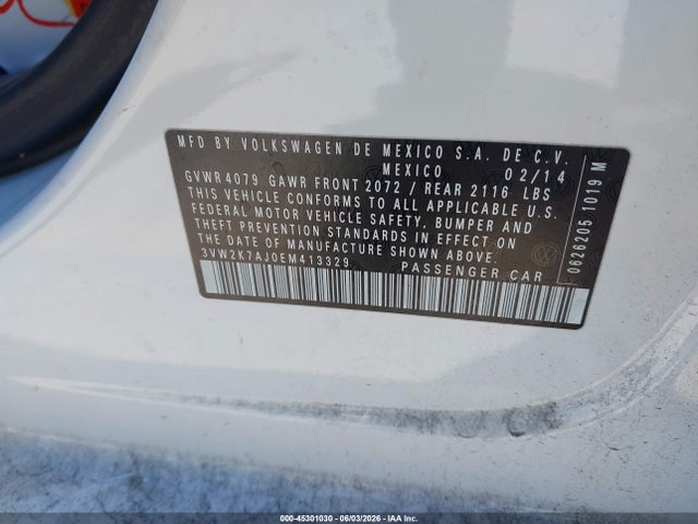 2014 Volkswagen Jetta 2.0l S მანქანა იყიდება აუქციონზე, vin: 3VW2K7AJ0EM413329, აუქციონის ნომერი: 45301030