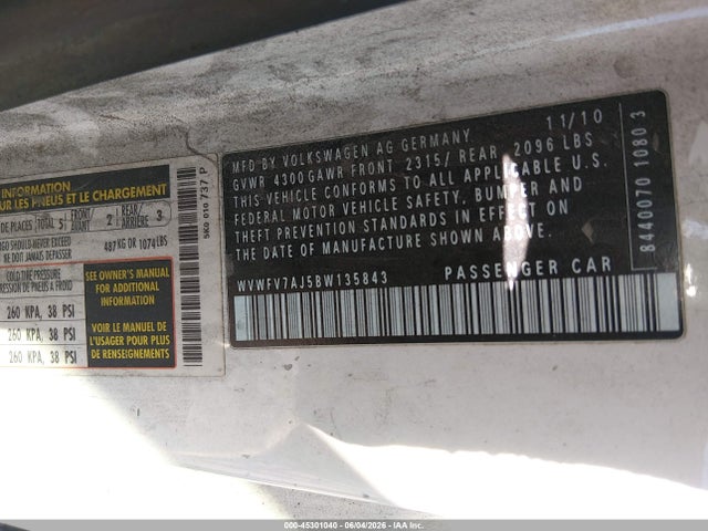 2011 Volkswagen Gti 2-door მანქანა იყიდება აუქციონზე, vin: WVWFV7AJ5BW135843, აუქციონის ნომერი: 45301040