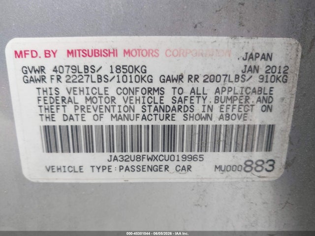 Продаж на аукціоні авто 2012 Mitsubishi Lancer Gt, vin: JA32U8FWXCU019965, номер лоту: 45301044