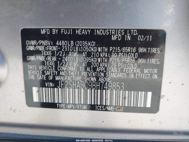 Aukcja sprzedaży 2011 Subaru Forester 2.5x, vin: JF2SHABC9BH749853, numer aukcji: 45301050