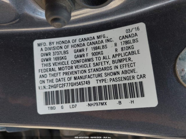 2HGFC2F77GH545749 Honda CIVIC EX