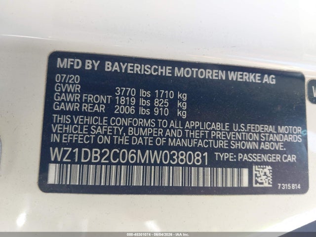 Продаж на аукціоні авто 2021 Toyota Gr Supra 2.0, vin: WZ1DB2C06MW038081, номер лоту: 45301074