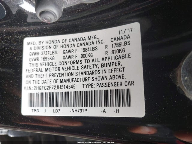 Aukcja sprzedaży 2018 Honda Civic Ex, vin: 2HGFC2F72JH514545, numer aukcji: 45301076