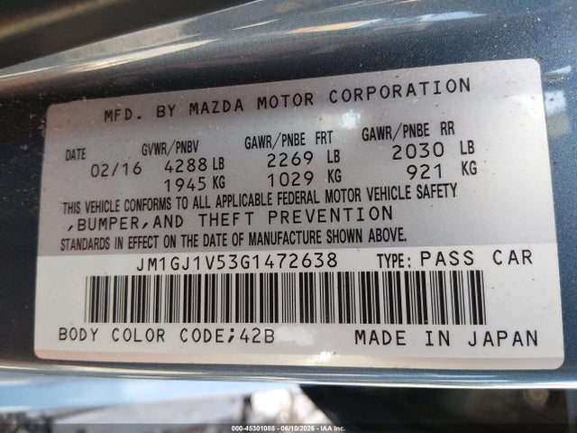 Продаж на аукціоні авто 2016 Mazda Mazda6 I Touring, vin: JM1GJ1V53G1472638, номер лоту: 45301088
