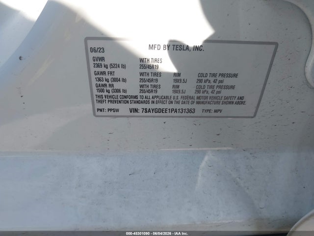 Продажа на аукционе авто 2023 Tesla Model Y Awd/long Range Dual Motor All-wheel Drive, vin: 7SAYGDEE1PA131363, номер лота: 45301090