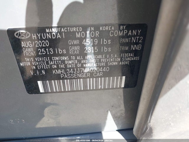 2021 Hyundai Sonata Sel მანქანა იყიდება აუქციონზე, vin: KMHL34JJ7MA020440, აუქციონის ნომერი: 45301098