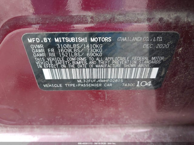 Продаж на аукціоні авто 2021 Mitsubishi Mirage G4 Carbonite Edition/es/le, vin: ML32FUFJ6MHF02815, номер лоту: 45301113