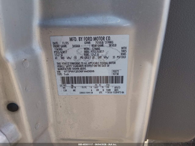 Aukcja sprzedaży 2006 Ford F-150 Lariat/xlt, vin: 1FTPW12536FA43006, numer aukcji: 45301117