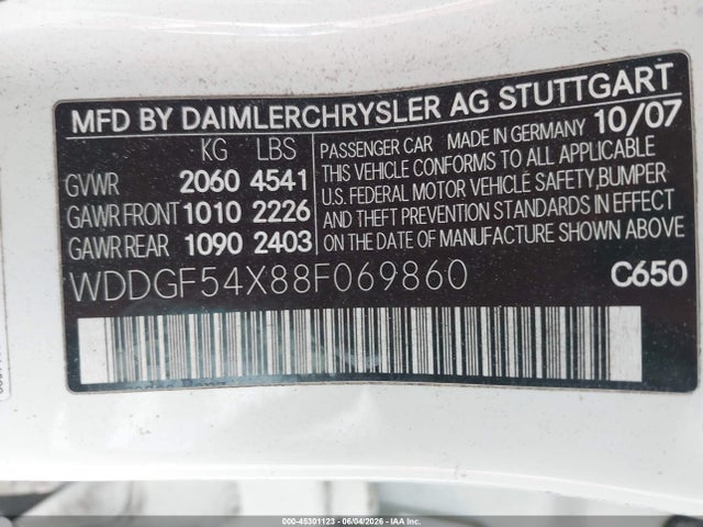 45301123 :رقم المزاد ، WDDGF54X88F069860 vin ، 2008 Mercedes-benz C 300 Luxury/sport مزاد بيع