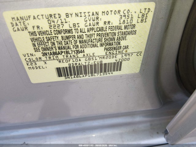 2011 Nissan Sentra 2.0sr მანქანა იყიდება აუქციონზე, vin: 3N1AB6AP1BL713544, აუქციონის ნომერი: 45301153