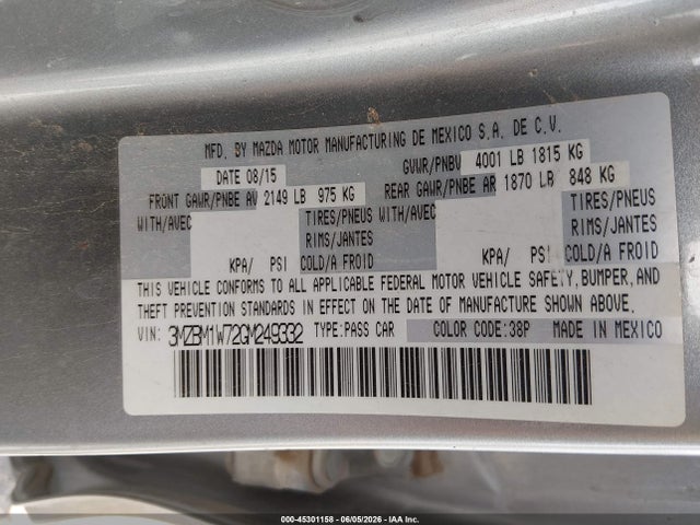 Продажа на аукционе авто 2016 Mazda Mazda3 I Touring, vin: 3MZBM1W72GM249332, номер лота: 45301158
