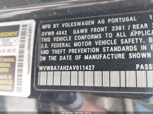 2010 Volkswagen Eos Komfort მანქანა იყიდება აუქციონზე, vin: WVWBA7AH2AV011427, აუქციონის ნომერი: 45301165