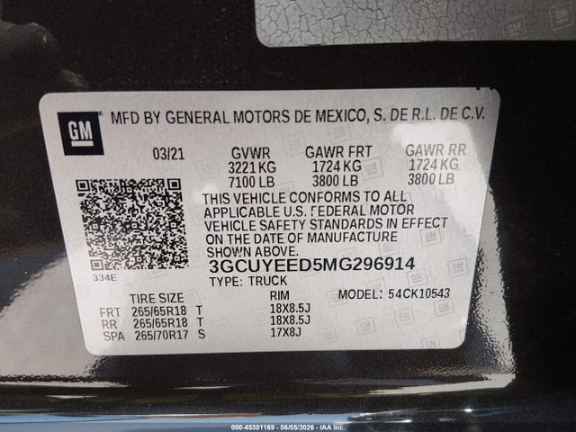 45301169 :رقم المزاد ، 3GCUYEED5MG296914 vin ، 2021 Chevrolet Silverado 1500 4wd  Short Bed Rst مزاد بيع