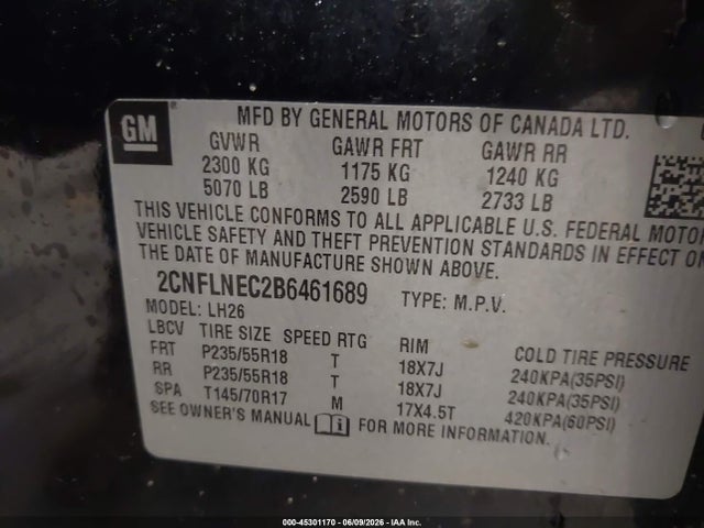 45301170 :رقم المزاد ، 2CNFLNEC2B6461689 vin ، 2011 Chevrolet Equinox 2lt مزاد بيع