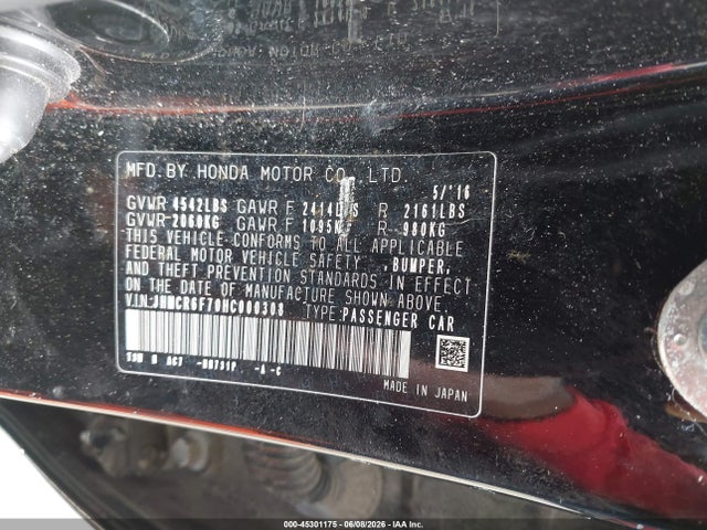 Aukcja sprzedaży 2017 Honda Accord Hybrid Touring, vin: JHMCR6F70HC000308, numer aukcji: 45301175