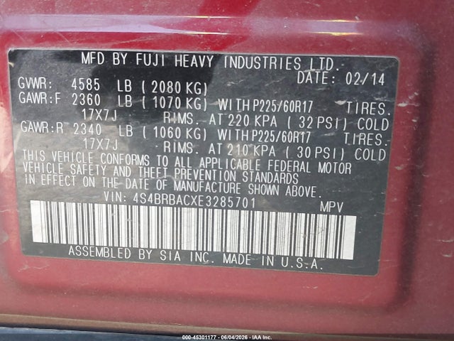 2014 Subaru Outback 2.5i მანქანა იყიდება აუქციონზე, vin: 4S4BRBACXE3285701, აუქციონის ნომერი: 45301177
