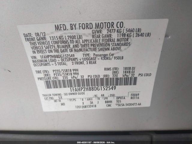 Aukcja sprzedaży 2013 Ford Taurus Sel, vin: 1FAHP2H88DG152549, numer aukcji: 45301187