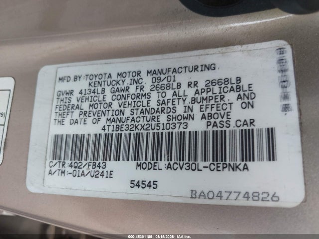 Auction sale of the 2002 Toyota Camry Le, vin: 4T1BE32KX2U510373, lot number: 45301189