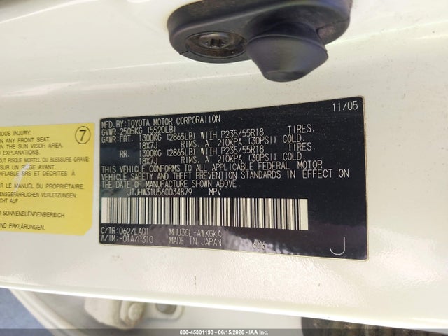 45301193 :رقم المزاد ، JTJHW31U560034879 vin ، 2006 Lexus Rx 400h مزاد بيع